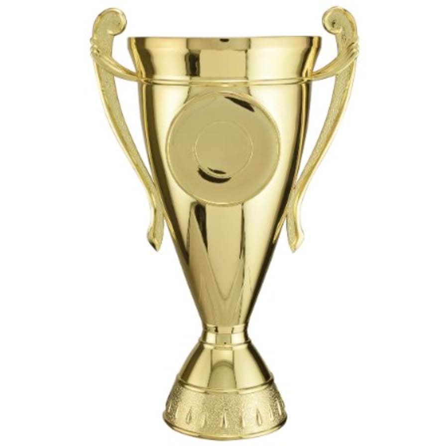 Trophy Risers and 2" Insert Holders (Packs) - 8 1/2" Gold Plastic Cup with 2" Insert Holder