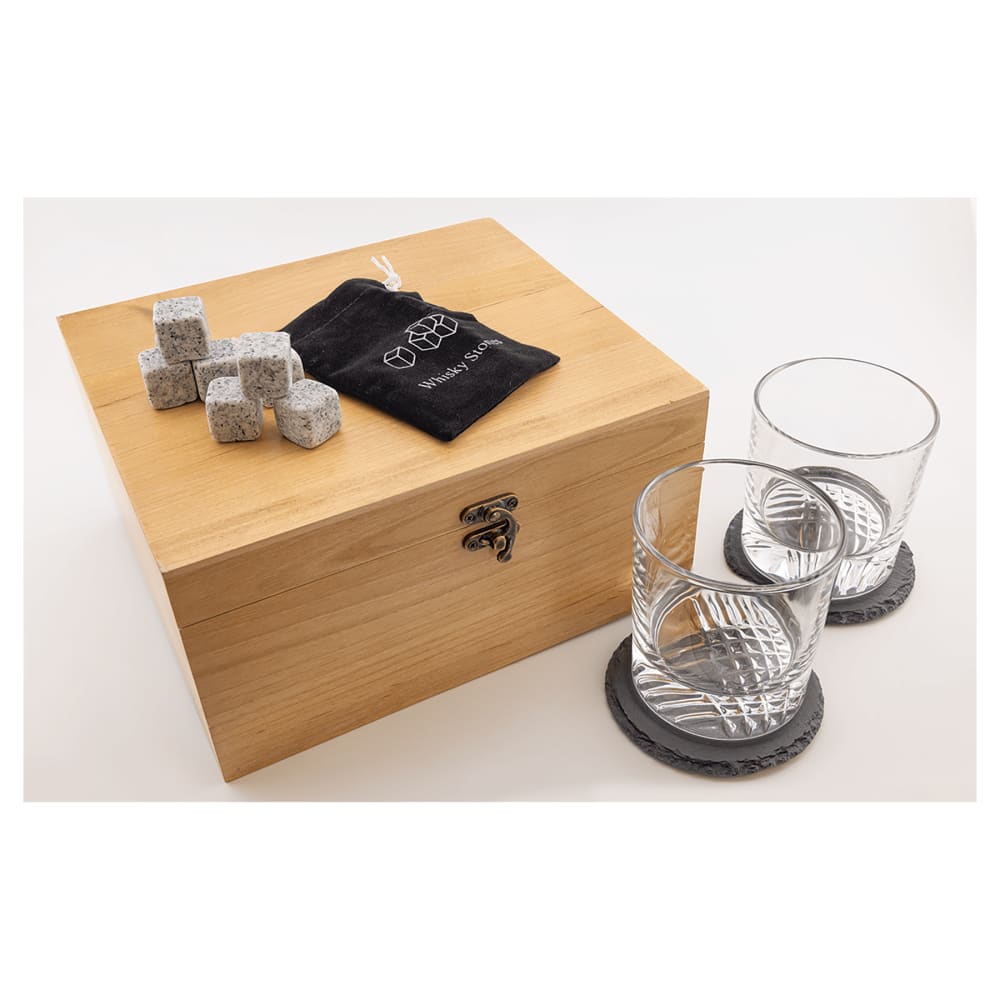 Personalized Whiskey Gift Set with Glasses and Whiskey Stones - Red Alder Box Set