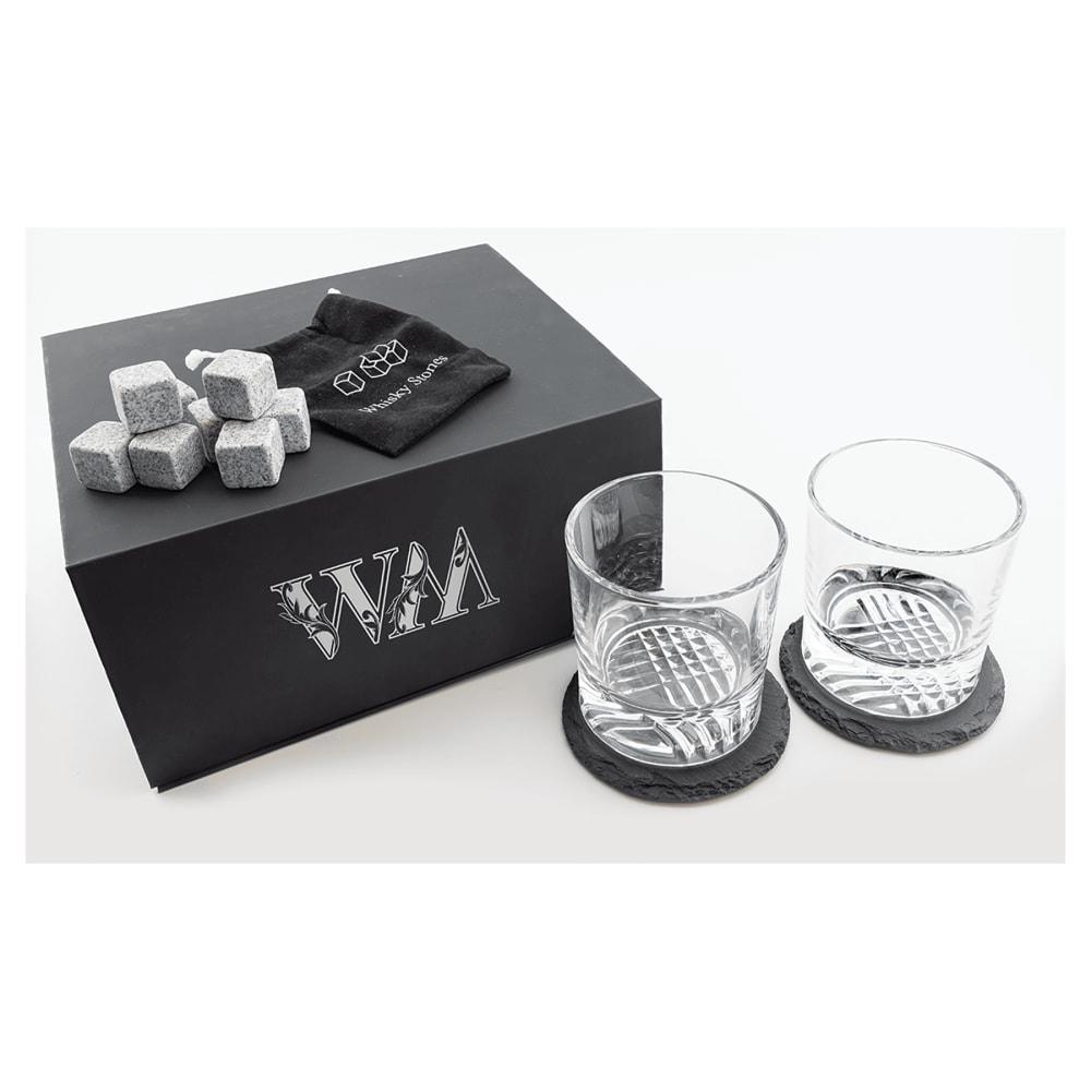 Personalized Whiskey Gift Set with Glasses and Whiskey Stones - Black Box Set