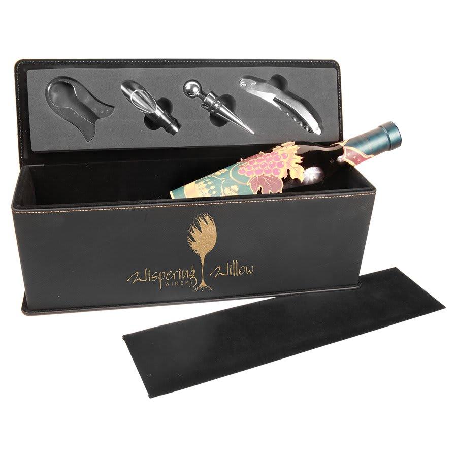 Personalized Wine Box with Tools, Engraved - Faux Leather Black/Gold