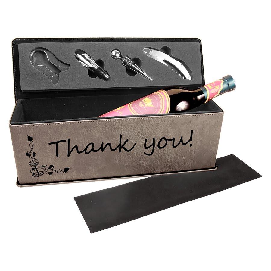 Personalized Wine Box with Tools, Engraved - Faux Leather Gray