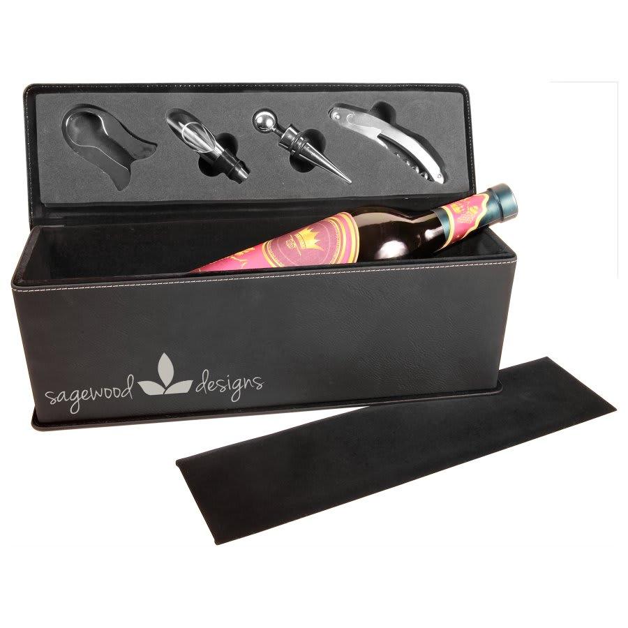 Personalized Wine Box with Tools, Engraved - Faux Leather Black/Silver