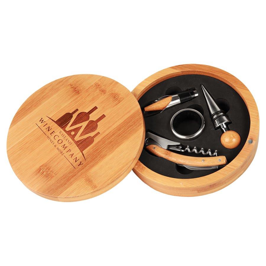 Personalized Wine Tool Gift Set - Round Bamboo 4-Piece