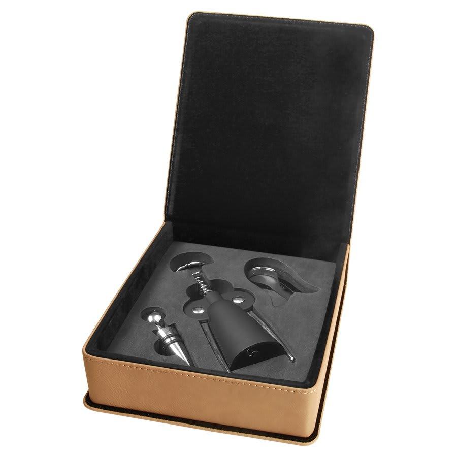 Personalized Wine Tool Gift Set - Light Brown Faux Leather 3-Piece